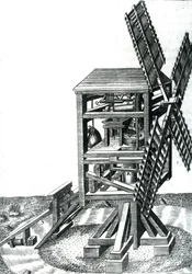 Rysunek CXXXIII, wiatrak ze sterem, z „The Diverse and Artifactitious Machines of Captain Agostino Ramelli” rytowany przez Leonarda Gaultier, opublikowany 1588